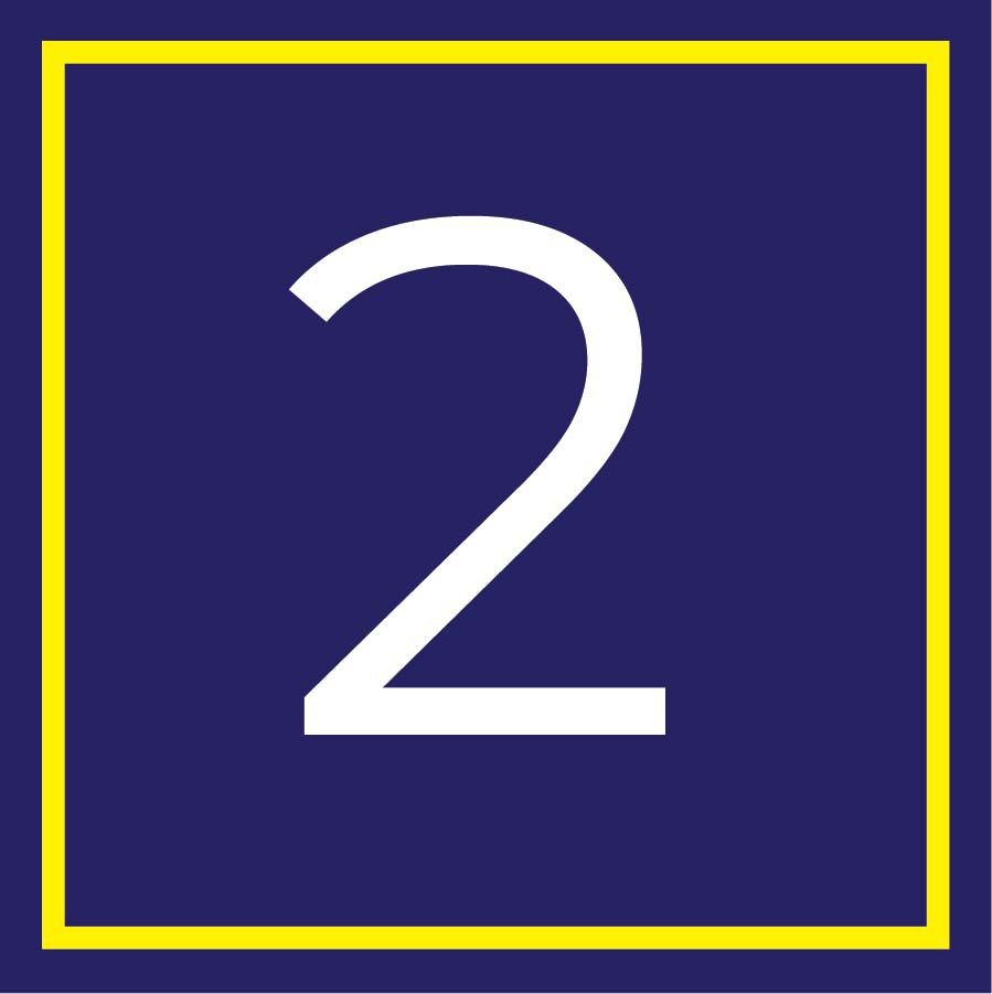 Icon, number 2 in a square with the school colors blue and yellow